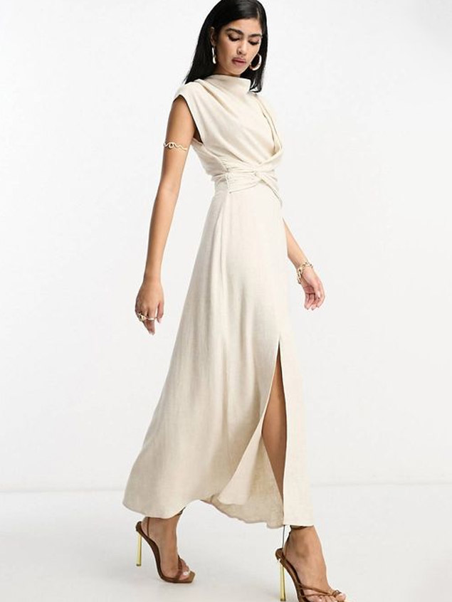 Linen High-Neck Twist-Front Midi Dress