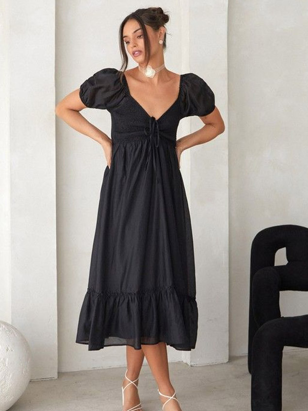 Lucie Puff-Sleeve Midi Black Sundress